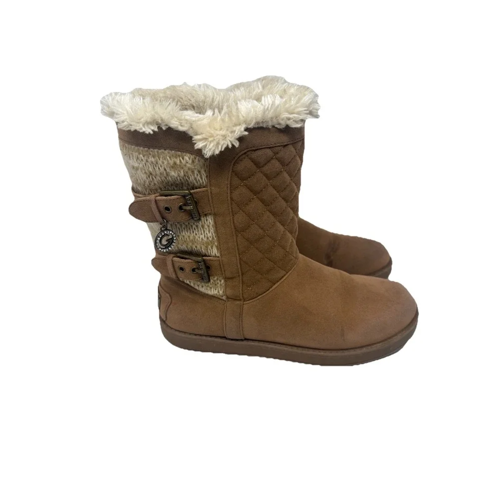 🔥Guess‎ 🤎Quilted Knit Fur Y2k Cuff Mid-Calf Bling 💎Boots Buckle  'G' Charm -8